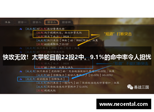 快攻无效！太攀蛇目前22投2中，9.1%的命中率令人担忧